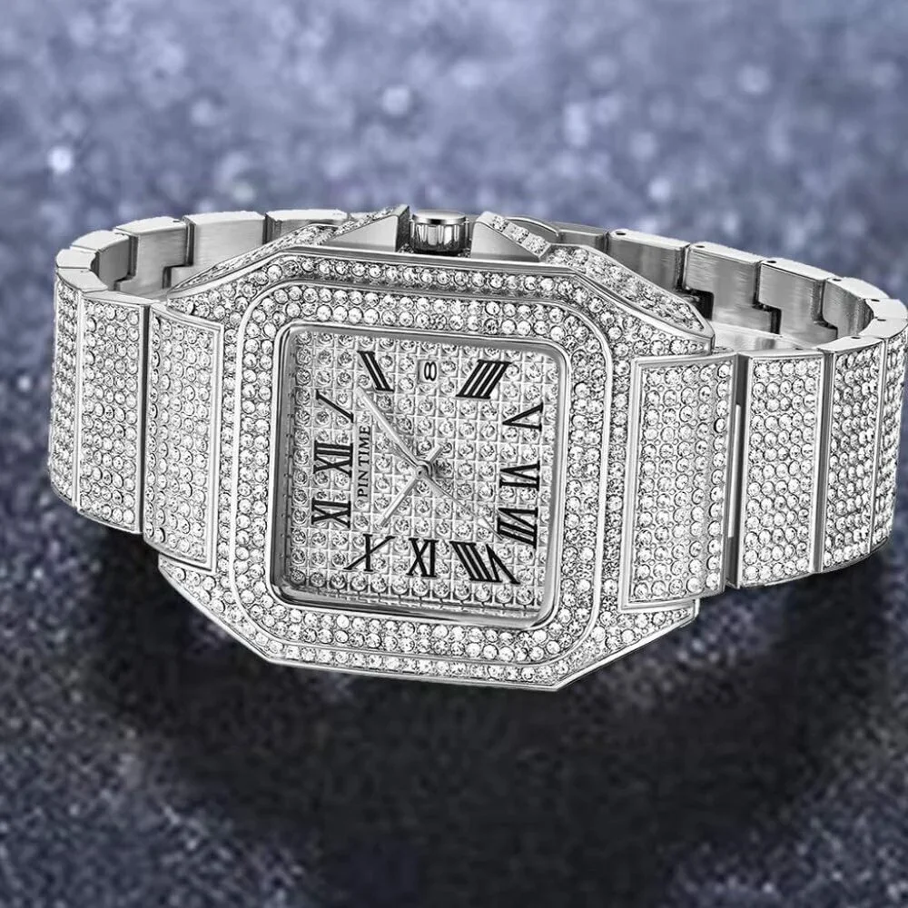 Men's Silver Crystal Bling Rectangle Case Stainless Steel Quartz Analog Watch